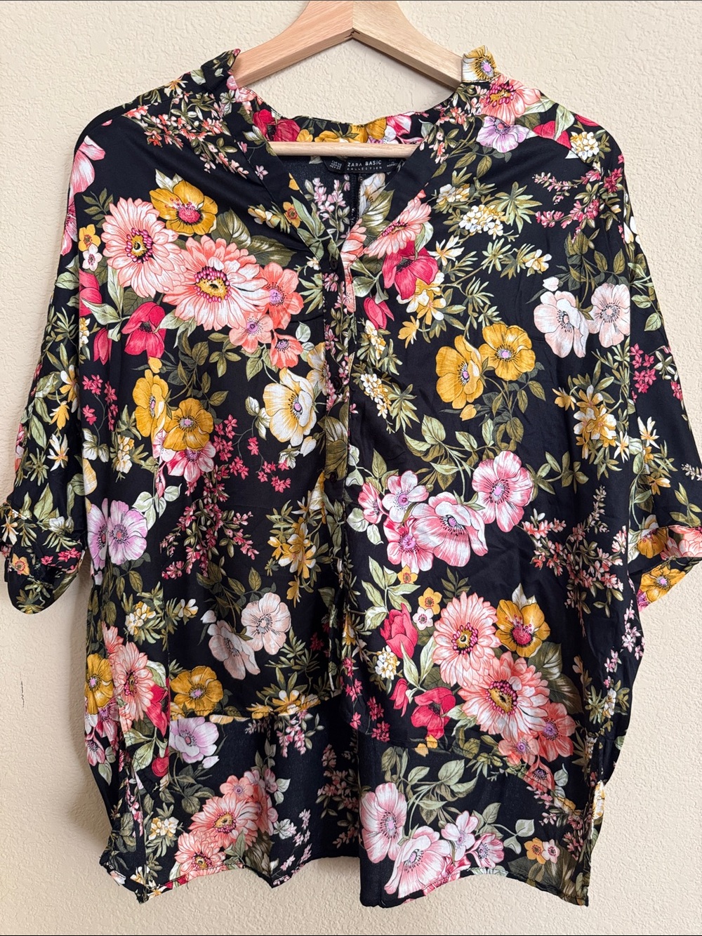 Zara Black Floral Button-Front shirt - Pink, Yellow, Green
